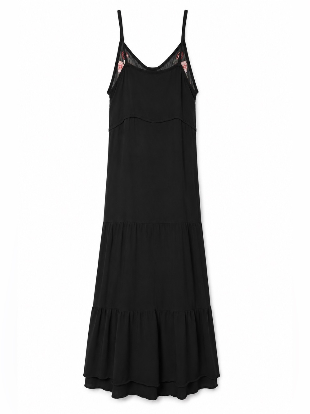 Black Embroidered Floral Maxi Dress Spaghetti Strap Boho Tiered Women’s Size L - Picture 3 of 5